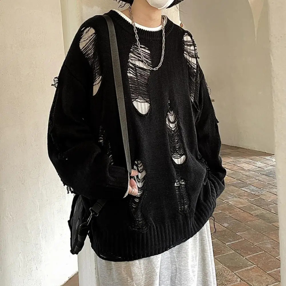 False Two-piece Sweater Solid Color Sweater Hop Inspired Mens Sweater with Ripped n Solid Color Knitted Hollow Out Pattern 240821