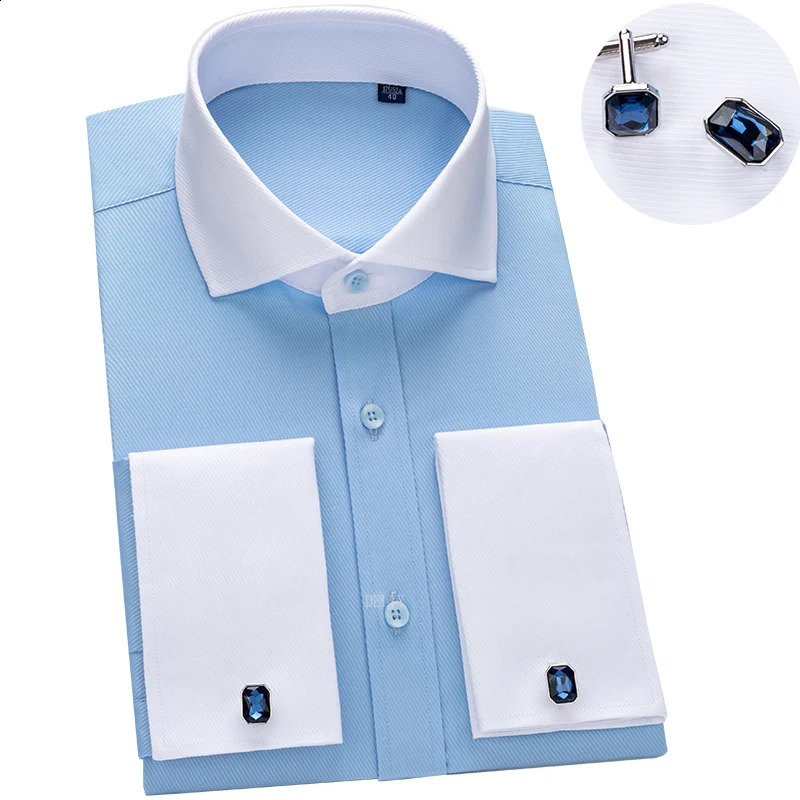 Mens Long-sleeved Shirt Mens High-grade Niche Chic Double Folded Sleeve Windsor Collar Retro Business Dress French Cuffli 240822