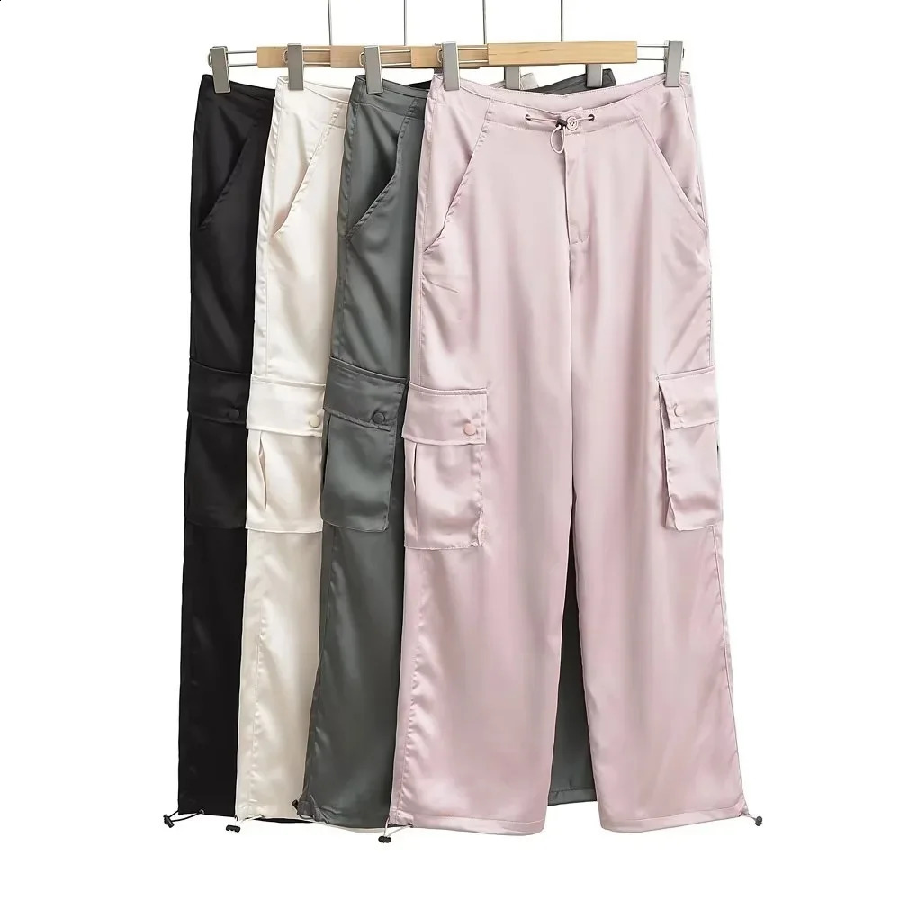 Silk Pink Drawstring Satin Baggy Cargo Pants Women Summer Solid Black Beige Gray Wide Leg Trousers Streetwear Vintage Bottoms 240822