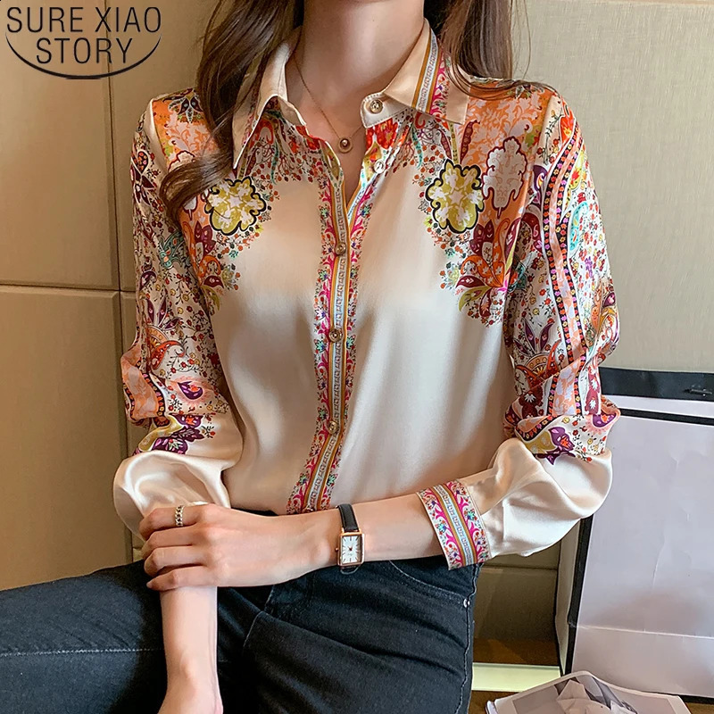 2023 Autumn Fashion Floral Print Blouse Women Satin Shirts Office Lady Elegant Tops Long Sleeve Silk Clothes 18440 240821