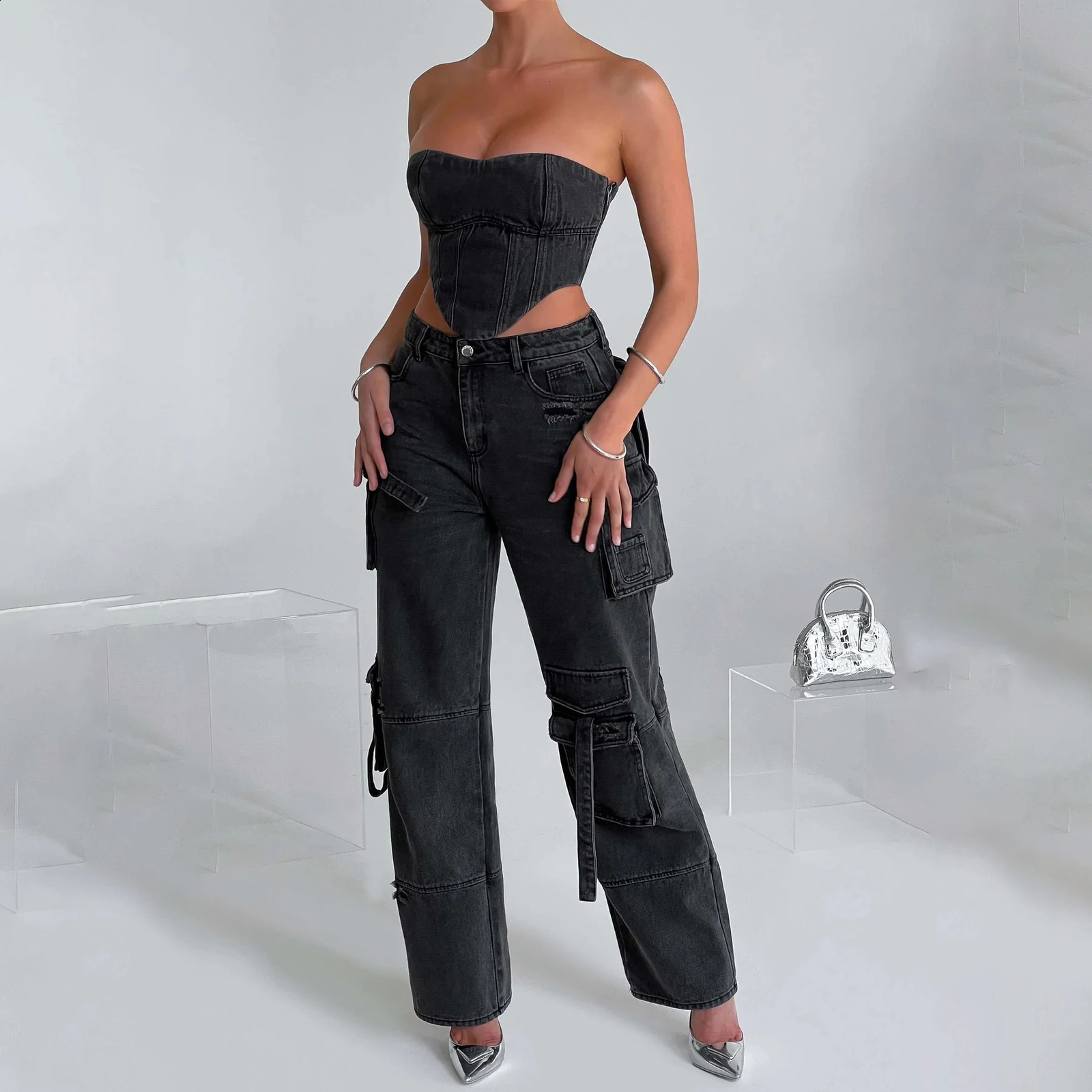 Casual Baggy For Women Clothes s Spring Autumn Pocket Patchwork Cargo Pants Womens High Strt Straight Leg Jeans Z260313