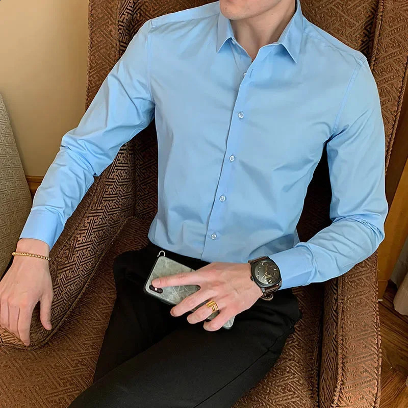Mens Long Sleeve Regular Fit Business Casual White Dress Shirts 240822