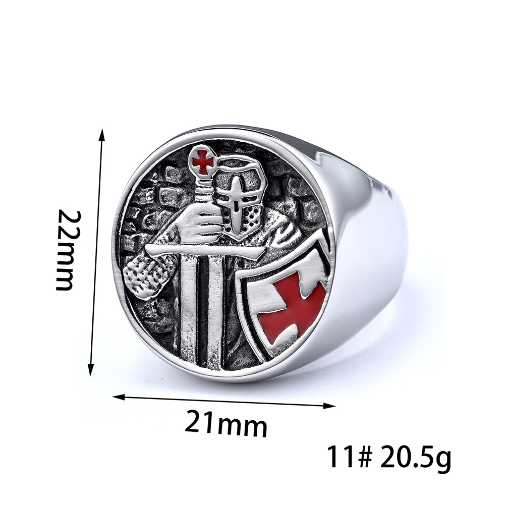 Vintage Knight Cross Casting Ring Titanium Steel Red Oil Drip Mens Jewelry