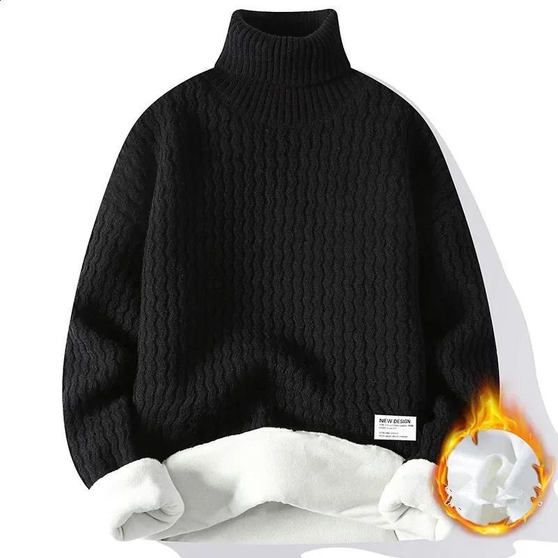 Winter Fleece Turtleneck Sweater Men Warm Knit Pullovers Mens Casual Knitted Sweaters Solid Color Turtleneck Knitwear Man 240821