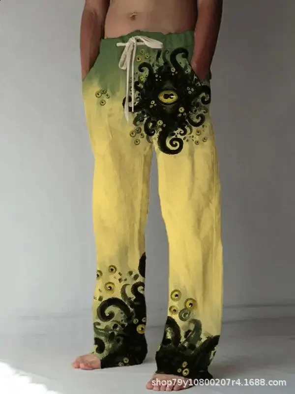 Mens casual pants Japanese style pattern printing casual handsome mens straight pants loose fashion bamboo linen trousers 240822
