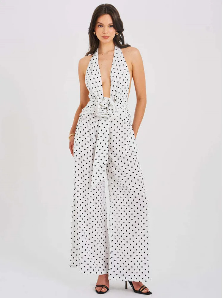 Articat Sexy Deep V-neck Tie Up Backless Jumpsuit For Women Slim Wide Leg Pants Polka Dot Female Rompers Elegant Casual Holiday 240822
