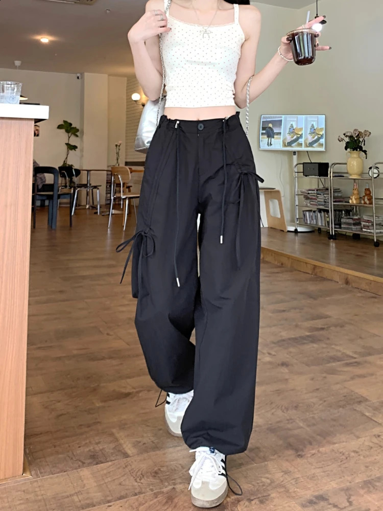 ADAgirl Irregular Drawstring Cargo Parachute Pants Women Y2k Baggy Wide Leg Jogger Korean Fashion Casual Loose Straight Trousers 240821