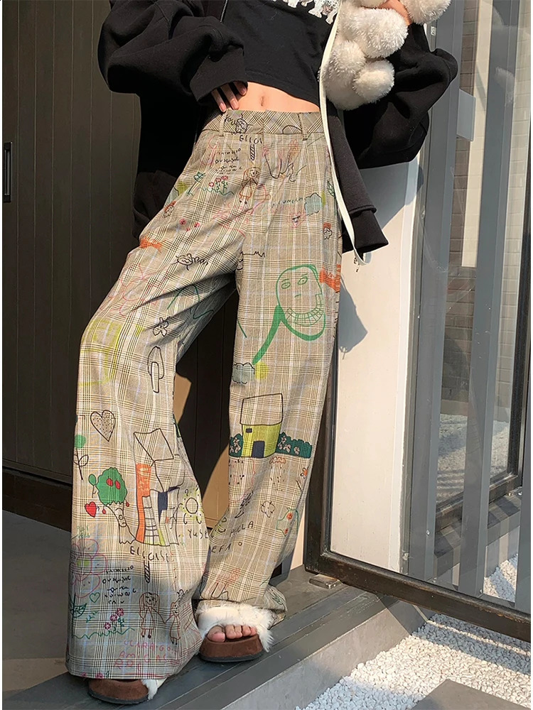 Womens Baggy Y2k Plaid Pants Streetwear Graphic Print Pants Vintage Harajuku High Waist Wide Leg Trousers Fashion Clothes 240821
