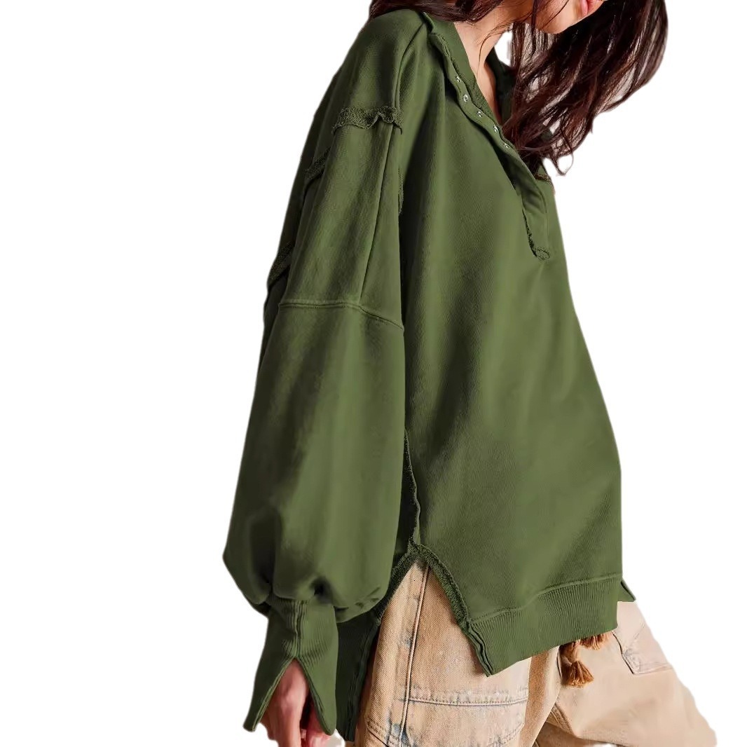Decorative Line Design Sense Top Split Lantern Sleeve Polo Neck Sweater Coat Women's Spring and Autumn dongdumaoyi