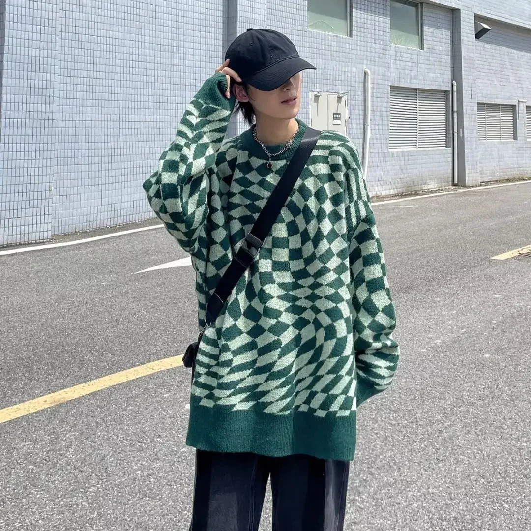 American Style Vintage Sensible Plaid Green Sweater For Men Fashionable Casual Round Neck Knitted Top Trendy Lazy Pullover 240821