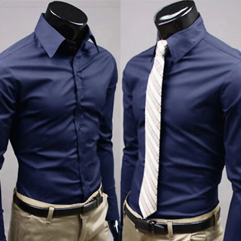 Long Sleeve Button Up Shirts Solid Slim Fit Casual Business Formal Dress Shirt Suit for Wedding 240822