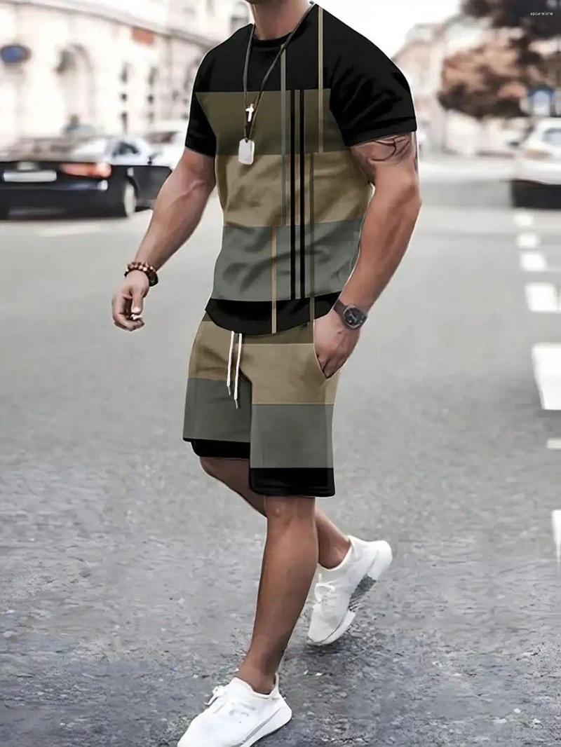 Men's Tracksuits Men Color Block Round Neck Short Sleeve T-Shirt And Drawstring Waist Shorts Casual Set For Summer Retro Style Clothing