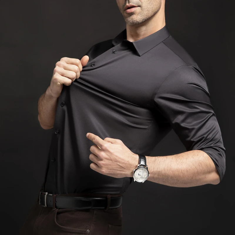 Mens solid color French long sleeved shirt mens business casual machine washed and easy to care white shirt 240822