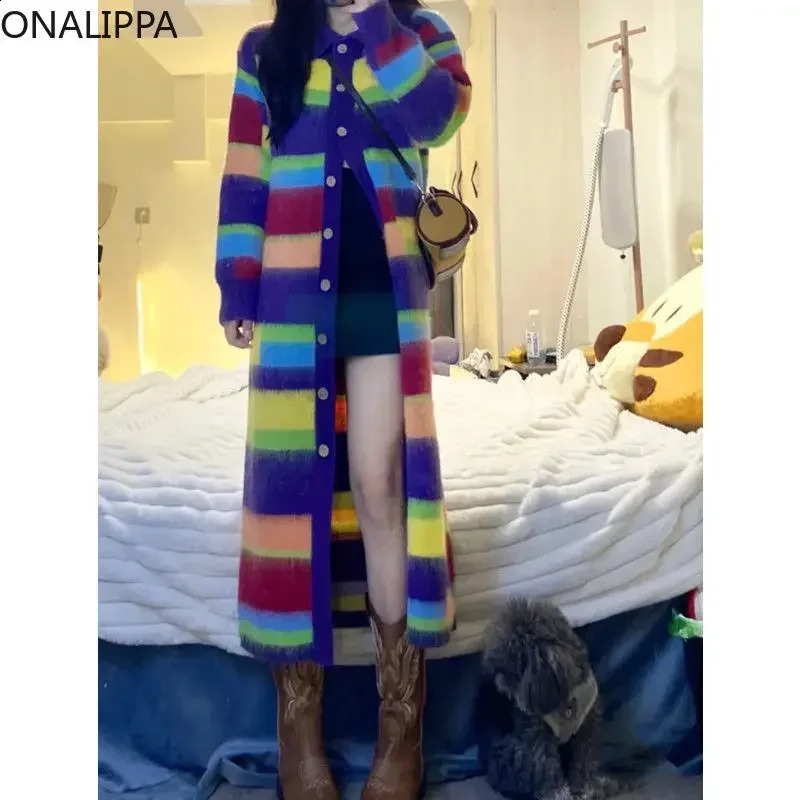 Onalippa Contrast Rainbow Color Knitted Long Cardigan Women Single Breasted Long Sleeves Cardigans Korean Chic Sweater 240814
