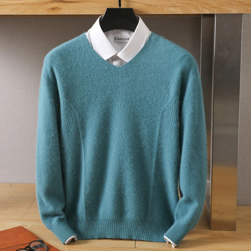 Autumn and Winter Mens 100% Mink Cashmere Blouse Solid V-neck Pullover Comfortable Thickened Sweater 240821