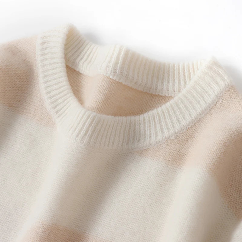 Autumn Winter Thick Cashmere Sweater Mens Round Neck Knitted Pullover 100% Merino Wool Contrasting Striped Mens Clothing 240821