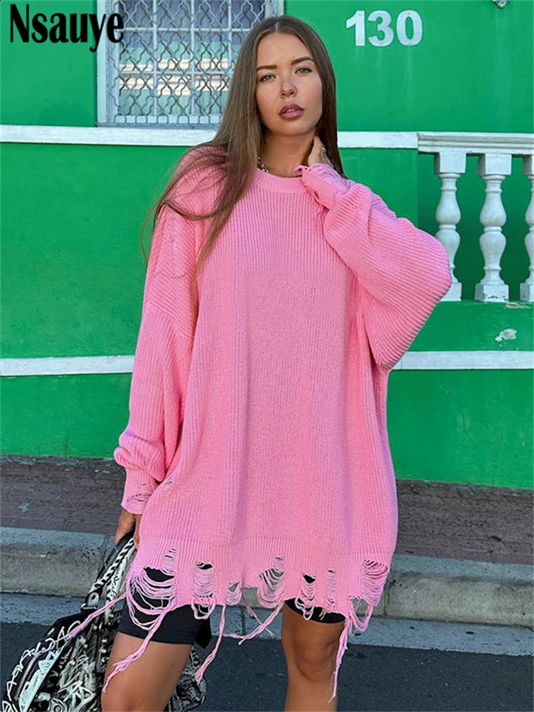 Nsauye casual womens fashion Y2K long sleeved oversized knitted hollow jacket floral sexy club sweater top winter 240821