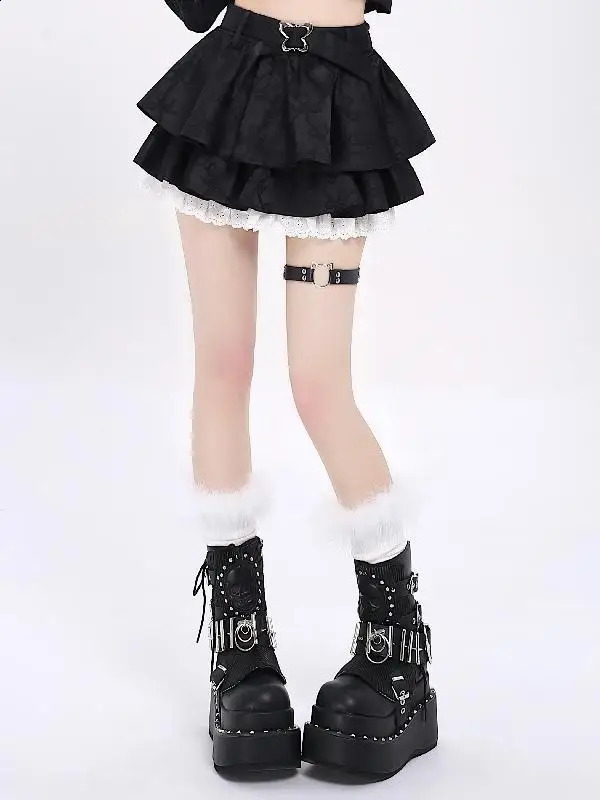 Crazygirl Long Leg Special Effect Bow Dark Pattern Harajuku Y2k Puffy Half Body Skirt A-line Spicy Girl Short Cake Pleated Skirt 240822