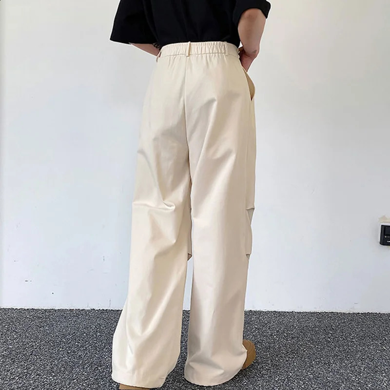 IEFB Pleated Mens Cargo Straight Pant Casual Drawstring n Solid Color Male Wide Leg Trousers Vintage Spring Chic 9C116 240822