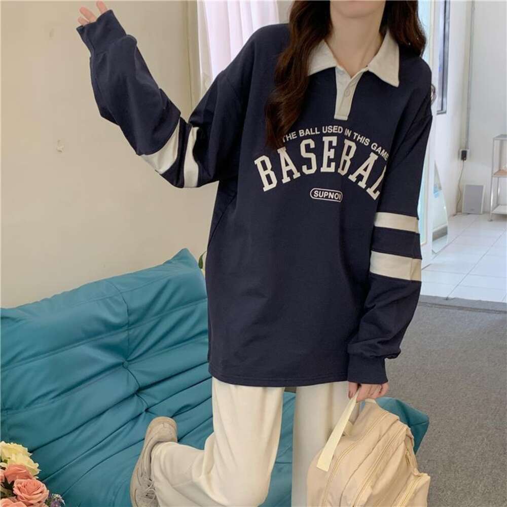 Polo collar loose hoodie design sense autumn new Korean version letter printed long sleeved top trend dongdumaoyi