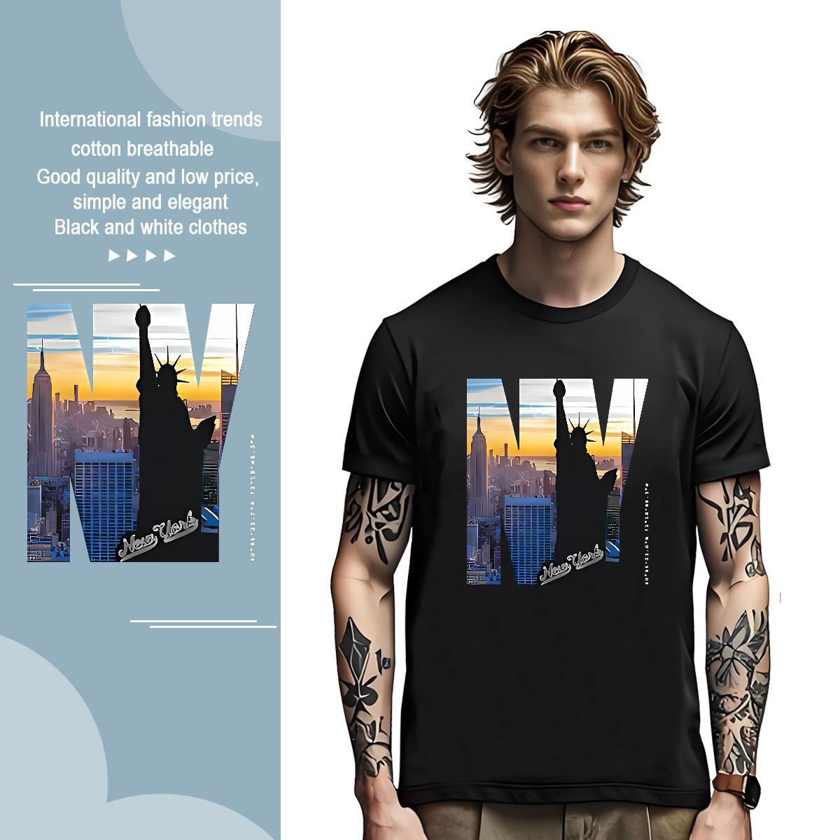 Loose Statue of Liberty T-Shirts for Men Summer Casual Mens Tshirts 230g Cotton Casual New O-Neck Short Sleeve Asian Size Tee Shirt