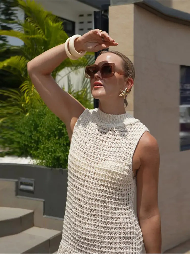 Fashion Tassels Women Knitted Mini Dress Elegant Hollow Out O-neck Sleeveless Dresses 2024 Chic Female Party Club Vestidos 240813
