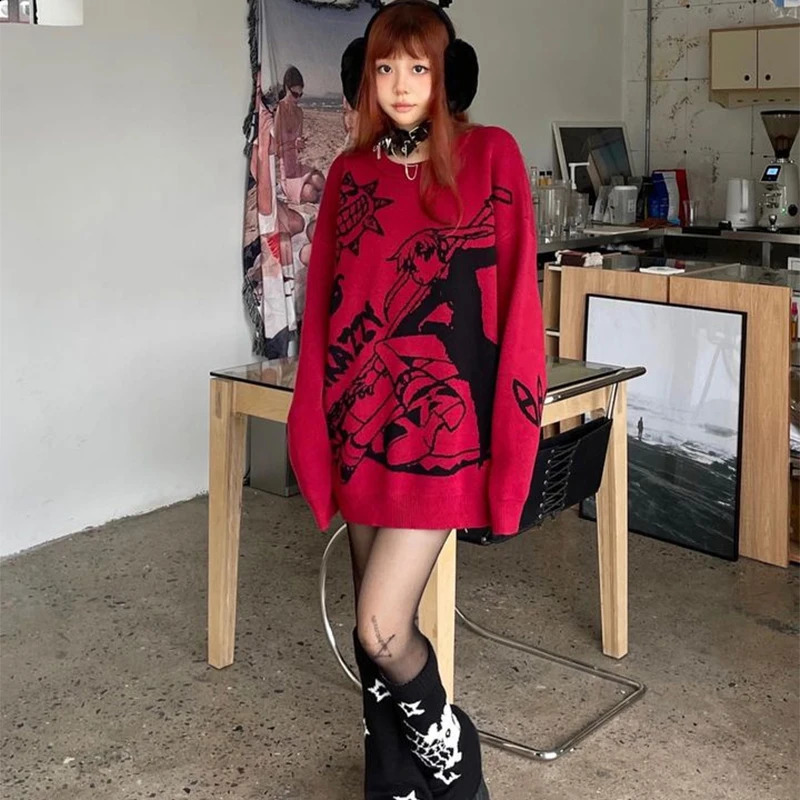 Y2K Harajuku Retro Cartoon Anime Knitted Sweater Mens Winter Super Large Rock Hip Hop Rap Jumping Womens Top 240821