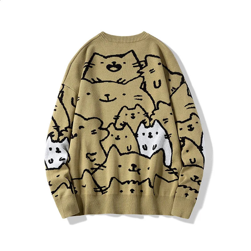 Autumn cotton anime sweater mens retro Harajuku oversized loose and cute cartoon cat pull up clothing 240821