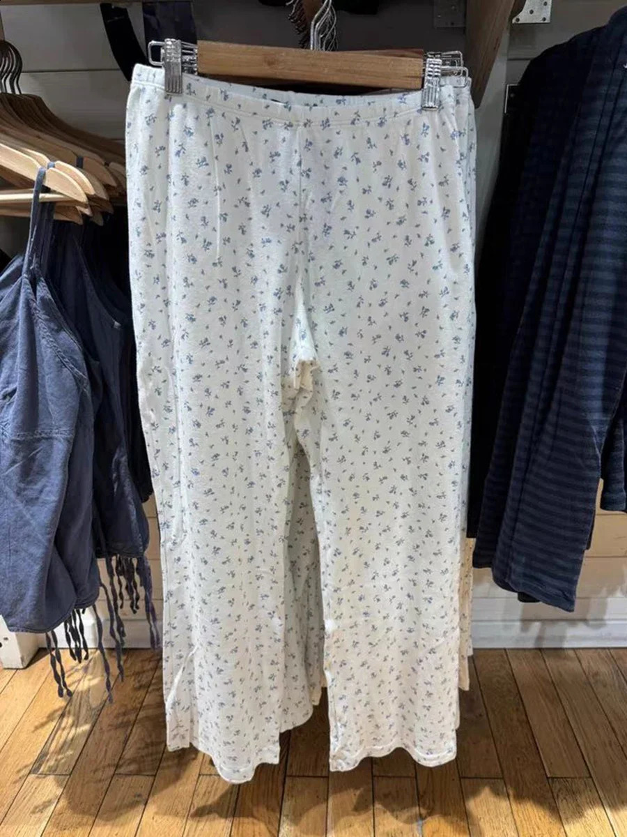 Women Blue Floral Eyelet Straight Long Pants Summer High Waist Casual Wide Leg Trousers Vintage Cotton Home Pajama Pant Y2k 240821