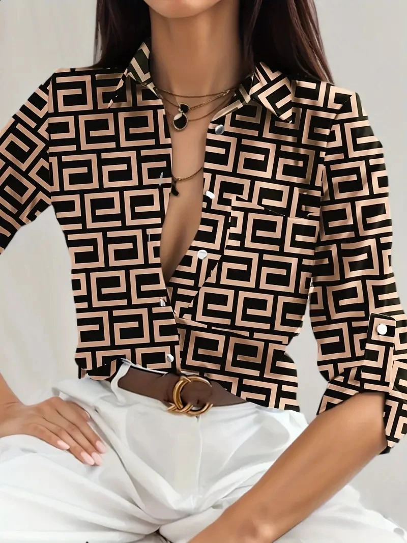 Elegant Women Blouse 2023 Spring and Autumn Temperament Top Long Sleeve Stripe Print Office Slim Fit Pocket Shirt 240821