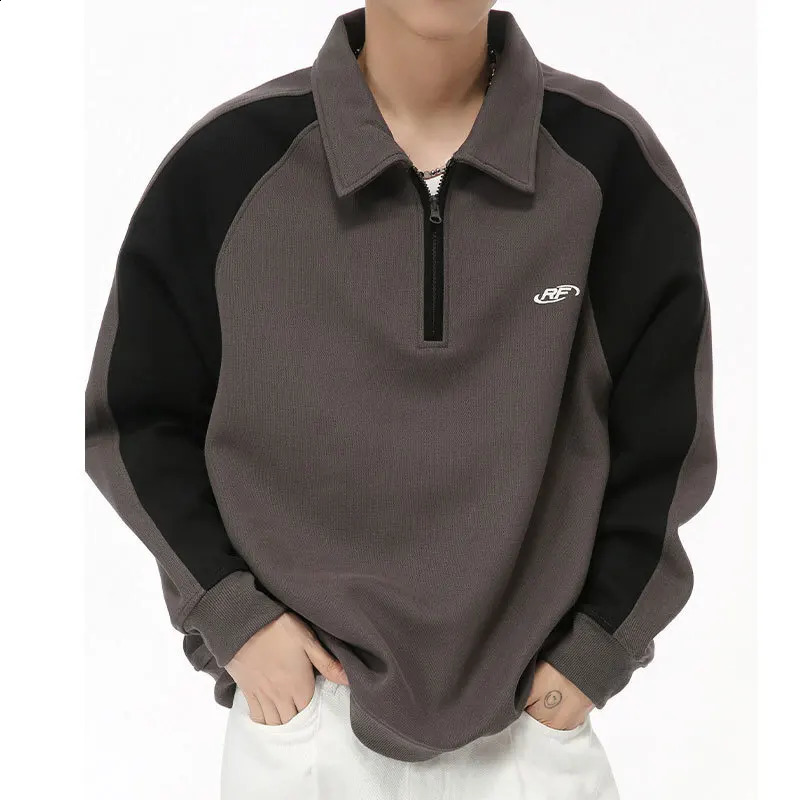 Mens spliced half chain neck conflict sweater American autumn heavy polo 240821