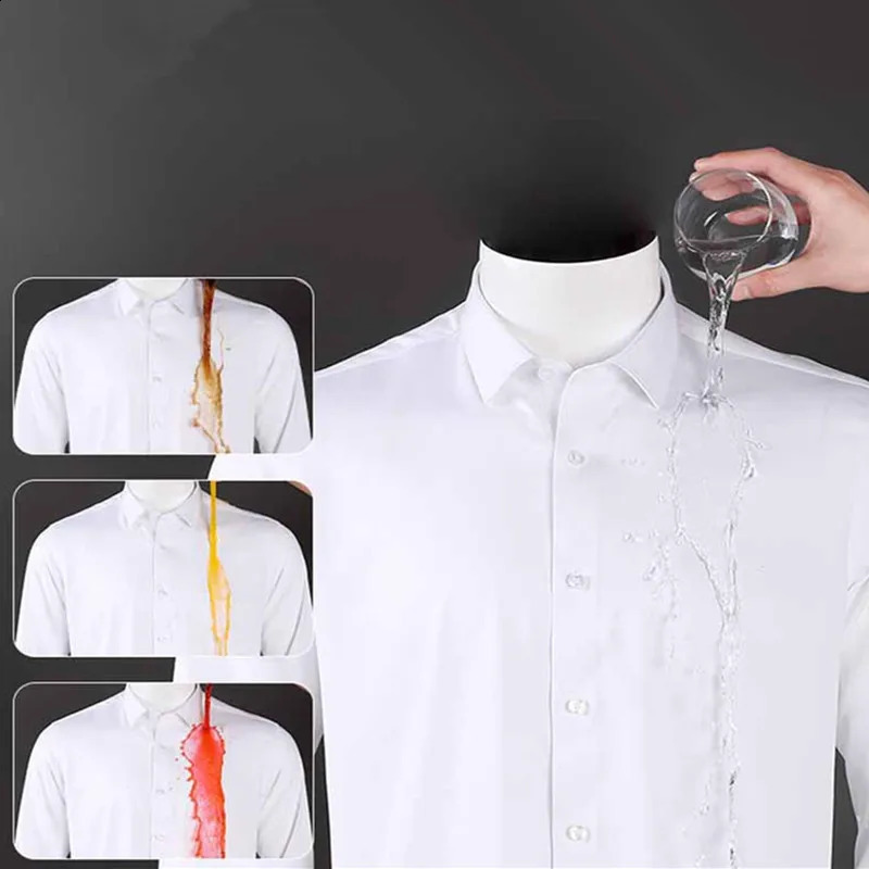 Bamboo Fiber Mens Dress Shirt Long Sleeve Waterproof Anti-fouling Business Social Solid Color Slim Fit Stainproof Big Size 8XL 240822