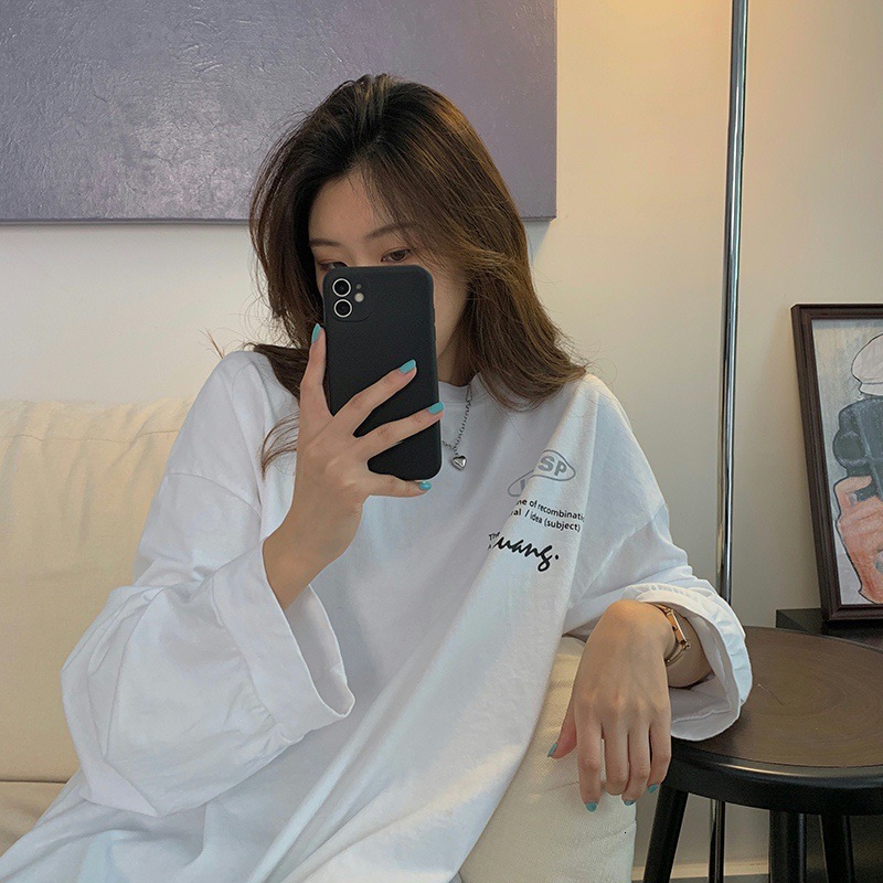 Spring Autumn New Korean Edition Front and Back Letter Printed Thin Sleeve Hoodie for Female Students, Medium to Long Length Round Neck Top dongdumaoy