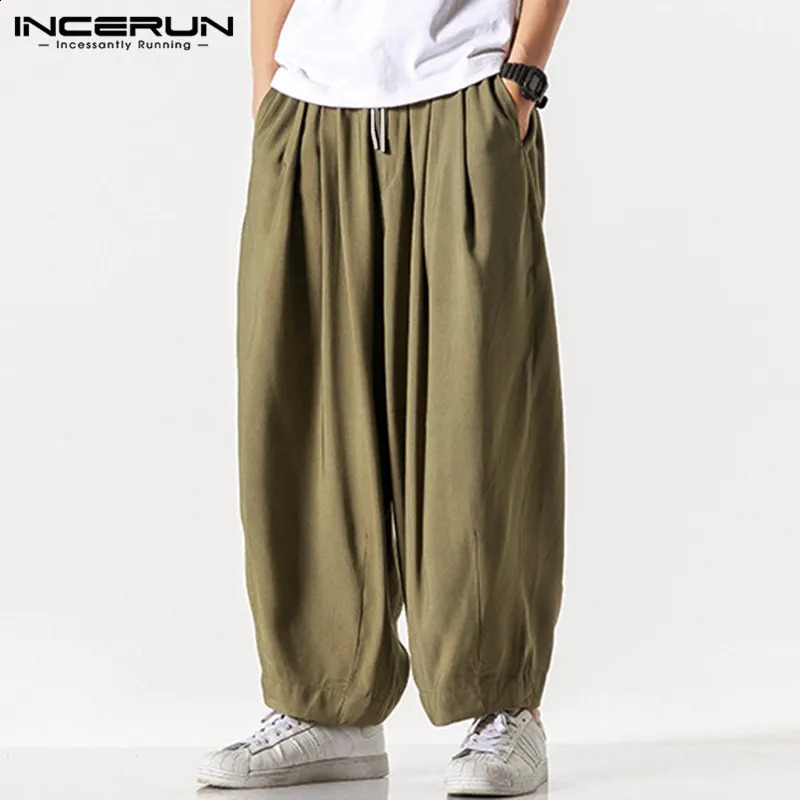 Summer Men Wide Leg Pants Drawstring Joggers Plain High Street Man Casual Trousers Baggy Fashion Harem Pants S-5XL INCERUN 240822