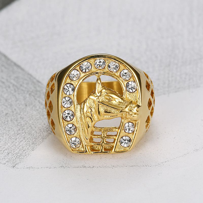 Hip Hop Horse Head Ring Stainless Steel 18k Gold Plated with Zicon Jewelry
