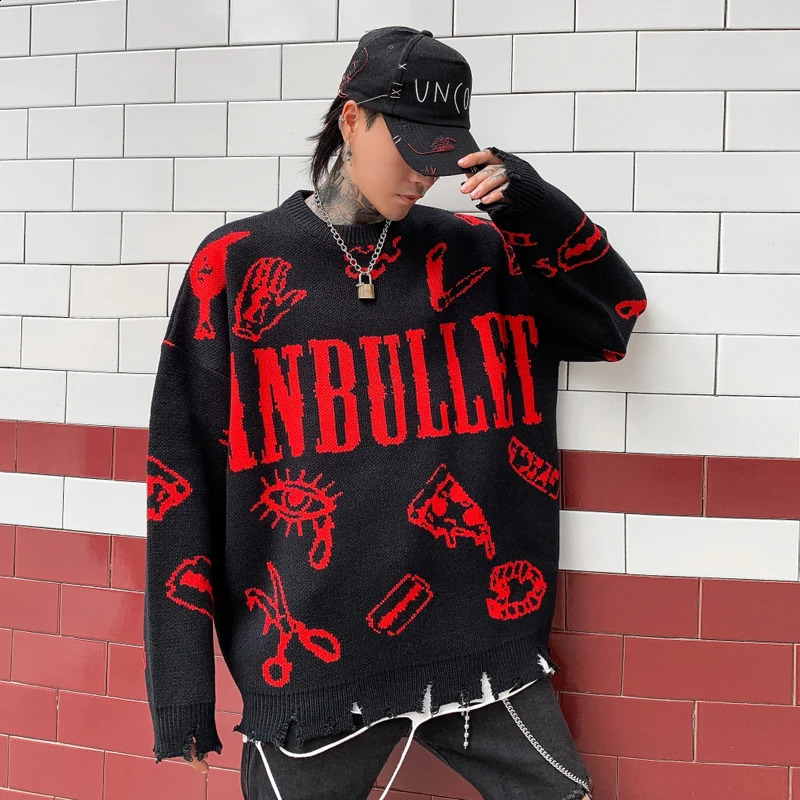 Autumn and Winter Extra Large Sweater Mens Harajuku Hip Hop Punk Tear Hole Pulling Green Black Orange Jersey Unprinted Good Product 240821