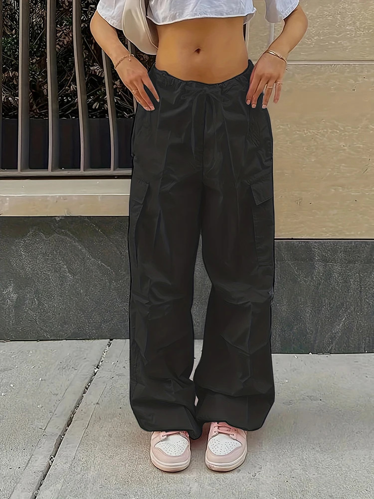 Y2K solid color low-waist parachute multi-pocket drawstring overalls 240821