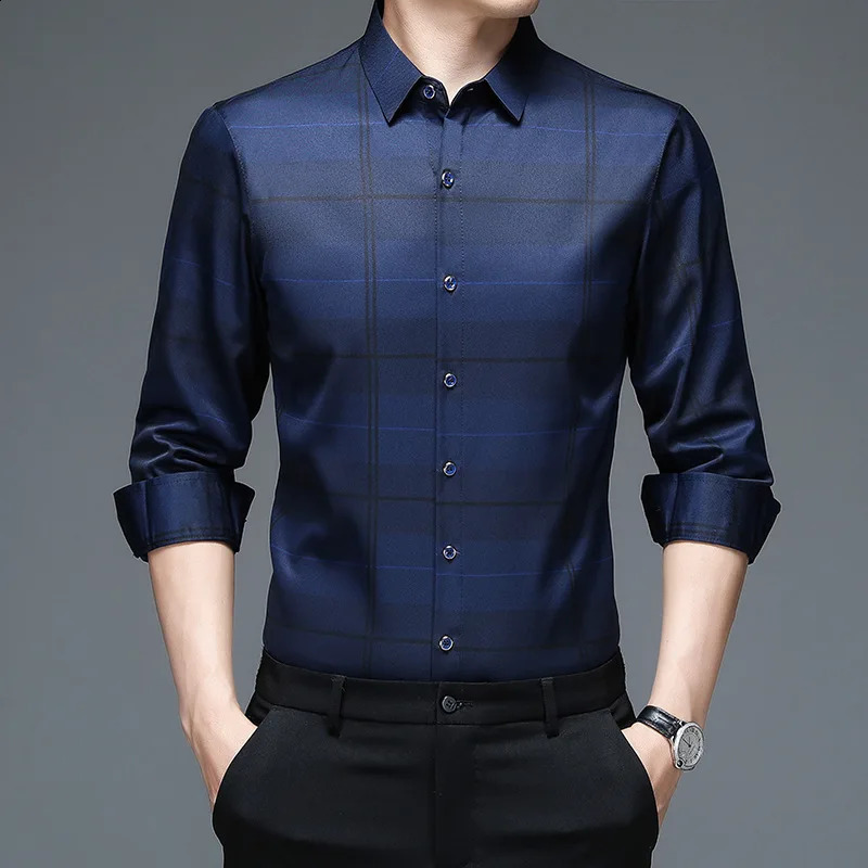Spring Autumn Plaid Polo Shirt Mens Long Sleeve Shirts Casual Fashion Business Shirts Male Formal Top 240822