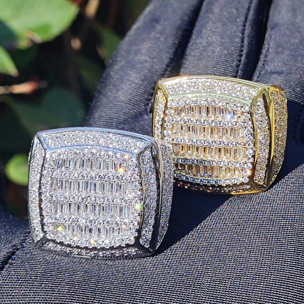 Hip Hop Casting Square Rings 18K Real Gold Plated Full 5A T Zircon Mens Jewelry