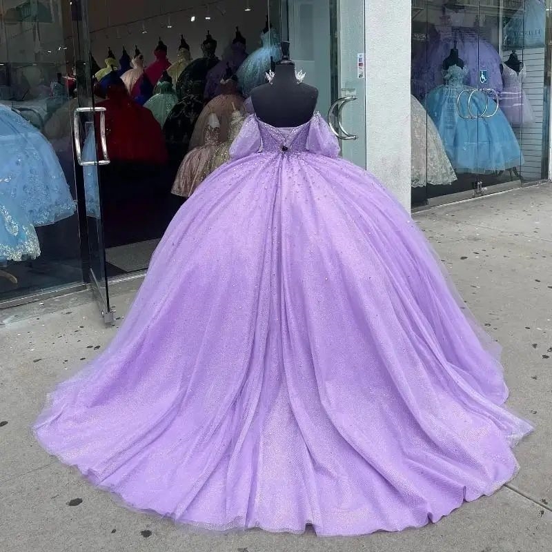 Luxury Lavender Sequin Off The Shoulder Princess Quinceanera Dresses Beading Crystal Tulle Sweet 16 Dress Vestido De 15 Anos