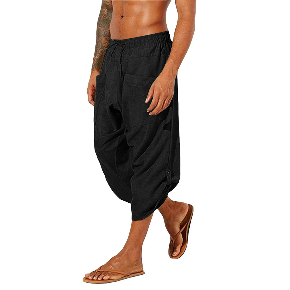Vintage Pants For Men Baggy Large Pocket Cropped Trousers Streetwear Solid Color Loose Harem Casual Summer Pants Male 240822