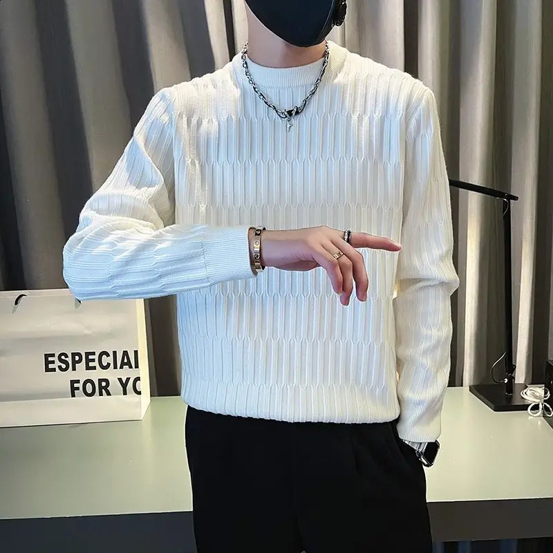 Korean Fashion Autumn Winter Sweaters Mens Mock Neck Solid Jacquard Weave High Street Casual Long Sleeve Knitted Pullovers Tops 240821