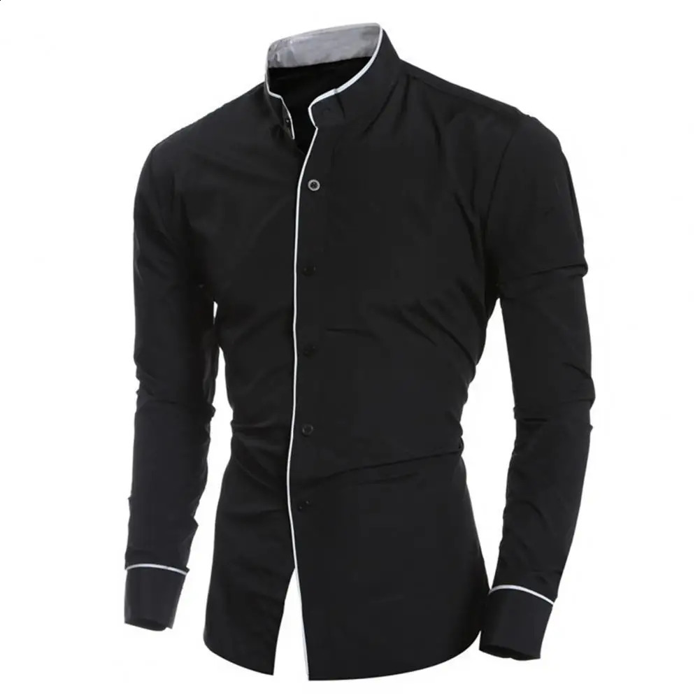 Men Casual Formal Shirt Long Sleeve Slim Business Dress Shirts Top Single-breasted Stand Collar Contrast Color Line Autumn Shirt 240822