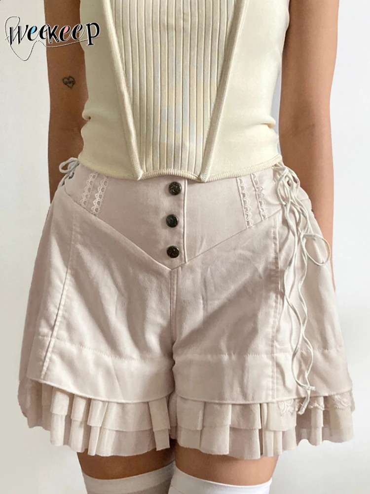 Weekeep Fairycore y2k Ruffles Shorts Cute 2000s Baggy Button Up High Waist Side Bandage Vintage Short Pants Casual Women Outfits 240821