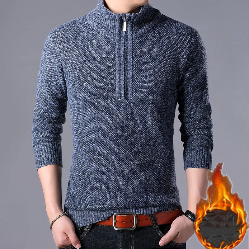 Fashionable mens wool thick autumn and winter sweater zipper plain collar long sleeved casual bottom thin knitted pulled 240821