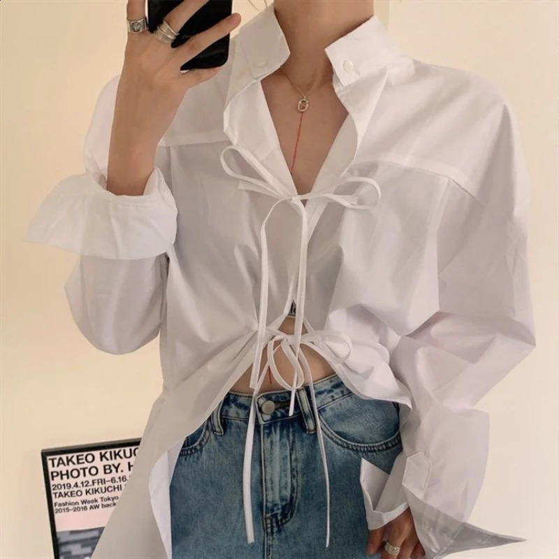 Backless Hollow Loose Lace Shirt Top Spring Long Sleeve Solid Color Polo Neck Trendy Y2K Sexy Womens Wear 240822