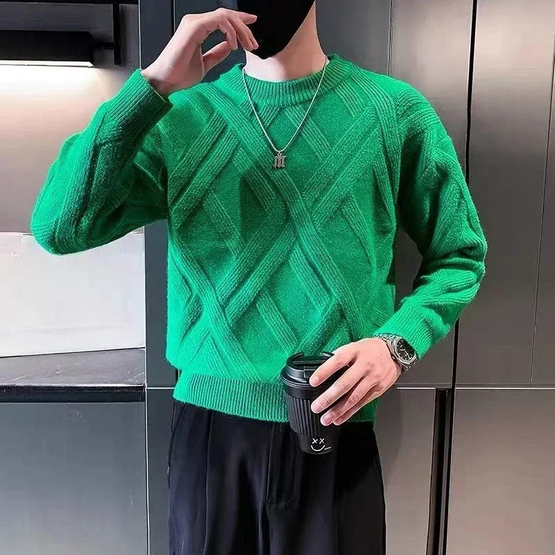 Man Clothes Crewneck Solid Color Knitted Sweaters for Men Green Plain Pullovers Round Collar Sheap Korean Style Order Loose Fit 240821