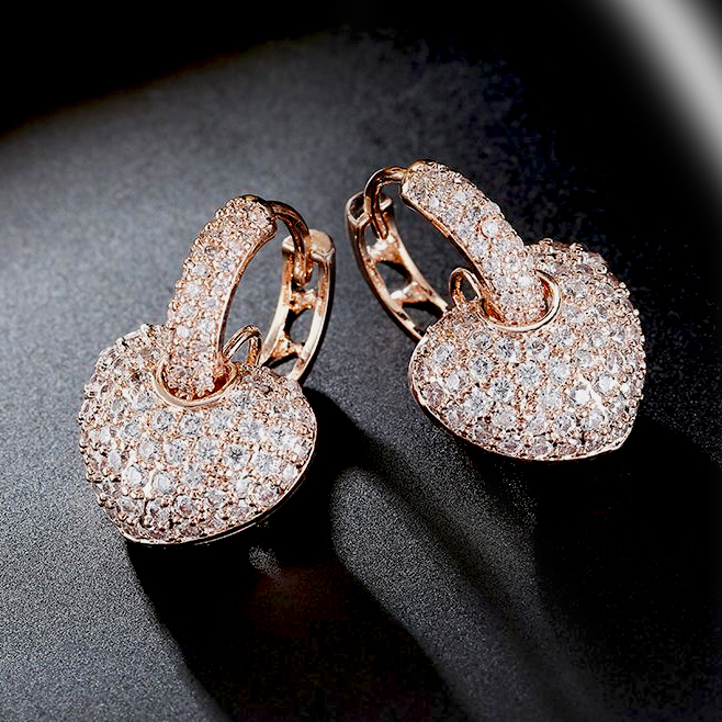 Cubic Zirconia Micro Paved Heart Dangle Earrings for Women Rose Gold Color Clear Crystal Hip Hop Jewelry Ice Out Bling Rock Punk Lover Party Gifrs for