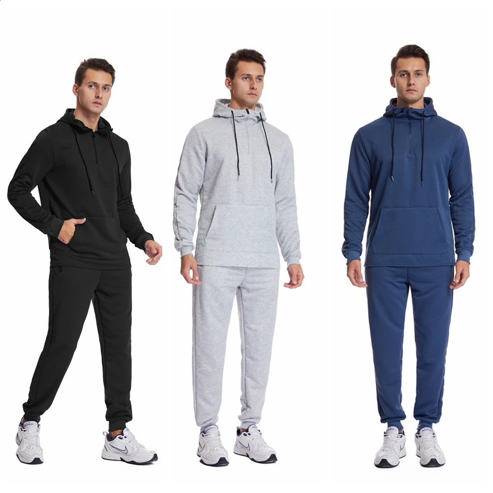 Mens sports training set gym fitness sportswear zipper jogging gray and black mens 240822
