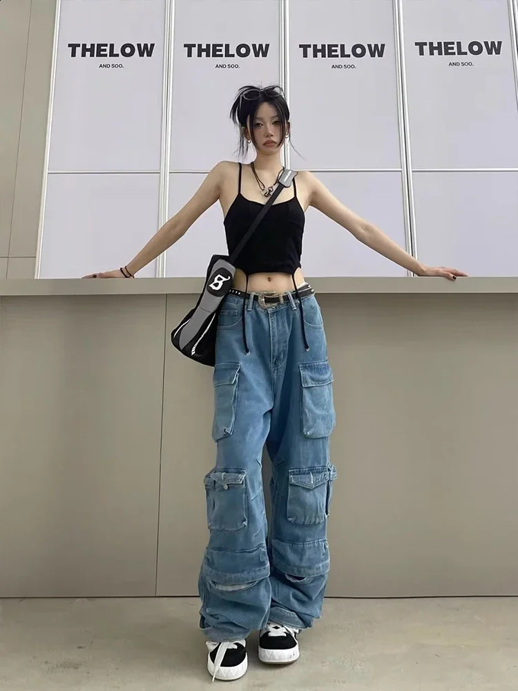 Fashion Washed Jeans Multi-Pocket Cargo Pants Y2k Retro Streetwear High Waist Jeans Casual Wide Leg Pants Blue 240822
